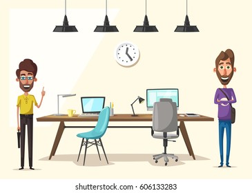 Modern workplace. Creative character. Office work. Cartoon vector illustration