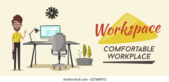 Modern workplace. Creative character. Office work. Cartoon vector illustration