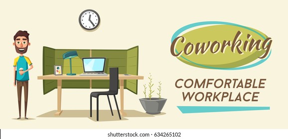 Modern workplace. Creative character. Office work. Cartoon vector illustration