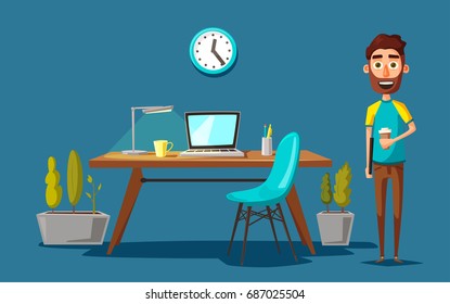 Modern workplace. Creative character. Office work. Cartoon vector illustration