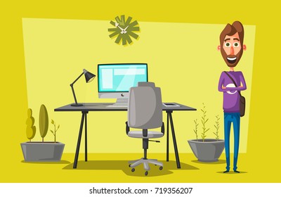 Modern workplace. Creative character. Office work. Cartoon vector illustration