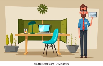 Modern workplace. Creative character. Office work. Cartoon vector illustration