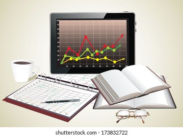 Modern workplace with digital tablet with charts, pen and papers with numbers and cup of coffee