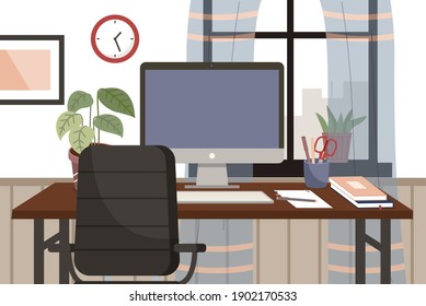Diseño plano en el lugar de trabajo moderno. silla de cuero y escritorio con ordenador y maceta en sala de estar o en el interior de la oficina. Mobiliario y equipo para el lugar de trabajo de un empleado o trabajador de oficina