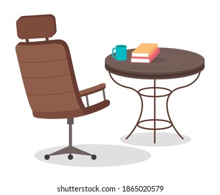 Modernes, flaches Design am Arbeitsplatz. Bürolederstuhl und Couchtisch mit Bücherstapel und einer Tasse Tee auf weißem Hintergrund. Möbel und Ausrüstung für den Arbeitsplatz eines Angestellten oder Freiberuflers