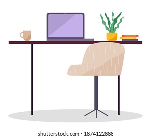 Modern workplace flat design. Office chair and office desk with a laptop, cup and potted plant isolated on white background. Furniture and equipment for the workplace of an employee or office worker