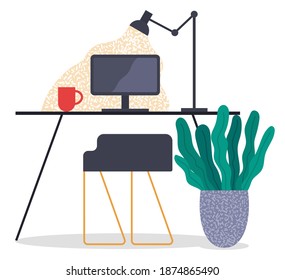 Modern workplace flat design. Office chair and office desk with a laptop, lamp and potted plant isolated on white background. Furniture and equipment for the workplace of an employee or office worker