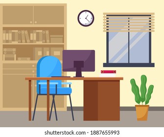 Modernes, flaches Design am Arbeitsplatz. Bürostuhl und Büroschreibtisch mit Bücherstapel im komfortablen Zimmer. Möbel und Ausrüstungen für den Arbeitsplatz eines Arbeitnehmers oder Büroangestellten, Arbeitsräume