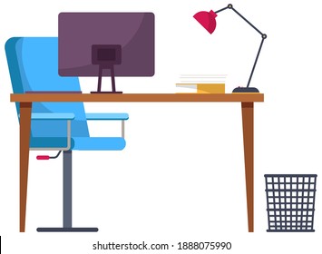 Modern workplace flat design. Office chair and office desk with a computer monitor, books and documents, lamp. Furniture and equipment for the workplace of an employee isolated on white background