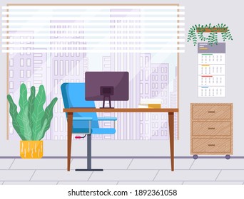 Modern workplace flat design. Office chair and office desk with stack of books in cozy room interior. Furniture and equipment for the workplace of an employee or office worker, vector interior