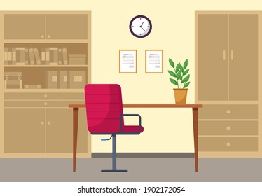 Modern workplace flat design. Office chair crimson colour and office desk, bookcase with books and documents, potted plant. Furniture and equipment for the workplace of an employee or office worker