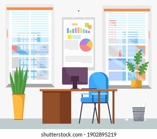 Modern workplace flat design. Office chair and office desk with stack of books in cozy room interior. Furniture and equipment for workplace of employee or office worker, vector interior workspace