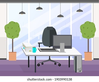 Modern workplace flat design. Office chair and office desk with a laptop in cozy room interior. Furniture and equipment for the workplace of an employee or office worker, cabinet interior
