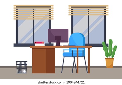 Modern workplace flat design. Office chair and office desk with stack of books in cozy room interior. Furniture and equipment for workplace of employee or office worker, vector interior workspace