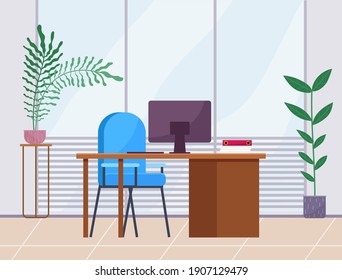 Modern workplace flat design. Office chair and office desk with stack of books in cozy room interior. Furniture and equipment for workplace of employee or office worker, vector interior workspace