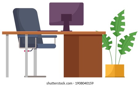 Diseño plano en el lugar de trabajo moderno. silla de oficina y escritorio con un monitor de computadora y una planta maceta verde. Mobiliario y equipo para el lugar de trabajo de un empleado aislado de fondo blanco
