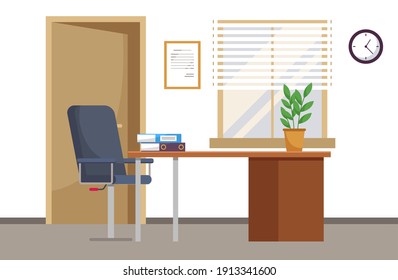 Modern workplace flat design. Office chair and office desk with stack of books in cozy room interior. Furniture and equipment for the workplace of an employee or office worker, vector interior