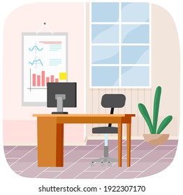 Modern workplace flat design. Office chair and office desk with stack of books in cozy room interior. Furniture and equipment for workplace of employee or office worker, vector interior workspace