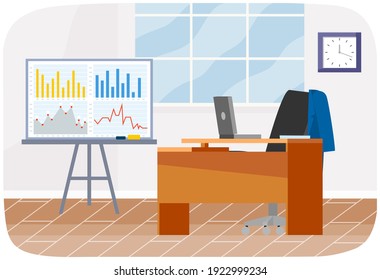 Modern workplace flat design. Office chair and office desk with stack of books in cozy room interior. Furniture and equipment for workplace of employee or office worker, vector interior workspace