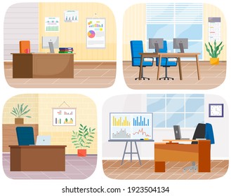 Modern workplace flat design. Office chair and office desk with stack of books in cozy room interior. Furniture and equipment for workplace of employee or office worker, vector interior workspace