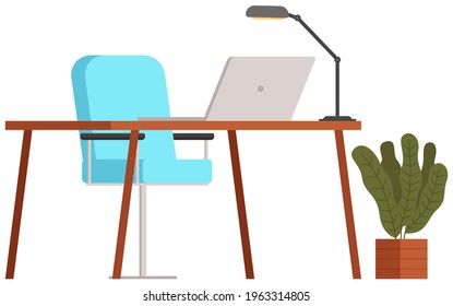 Modern workplace flat design. Office chair and office desk with stack of books in cozy room interior. Furniture and equipment for workplace of employee or office worker, vector interior workspace