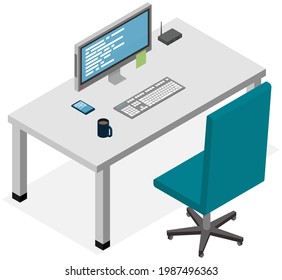 Modern workplace flat design. Office chair and office desk with computer monitor, keyboard, router, screen and cup of coffee Furniture and equipment for workplace of an employee or office worker
