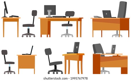 Diseño plano en el lugar de trabajo moderno. Sillón de oficina y escritorio con pilas de libros en el acogedor interior de la habitación. Mobiliario y equipo para el lugar de trabajo de empleados o trabajadores de oficina, espacio de trabajo interior vectorial