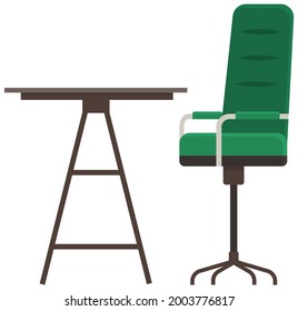 Modern workplace flat design. Office chair and office desk. Furniture and equipment for workplace of employee or office worker, vector interior workspace