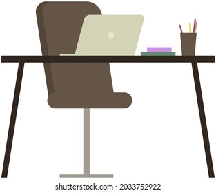 Modern workplace flat design. Office chair and office desk. Furniture and equipment for workplace of employee or office worker, vector interior workspace. Business and home work cabinet equipment