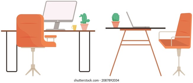 Modern workplace flat design. Office chair and office desk. Furniture and equipment for workplace of employee or office worker, vector interior workspace