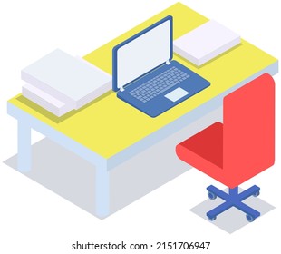 Diseño plano en el lugar de trabajo moderno. Sillón de oficina y escritorio con pilas de libros en el acogedor interior de la habitación. Mobiliario y equipo para el lugar de trabajo de empleados o trabajadores de oficina, espacio de trabajo interior vectorial