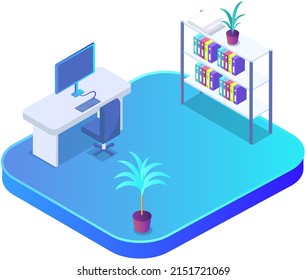 Modern workplace flat design. Office chair and office desk with stack of books in cozy room interior. Furniture and equipment for workplace of employee or office worker, vector interior workspace