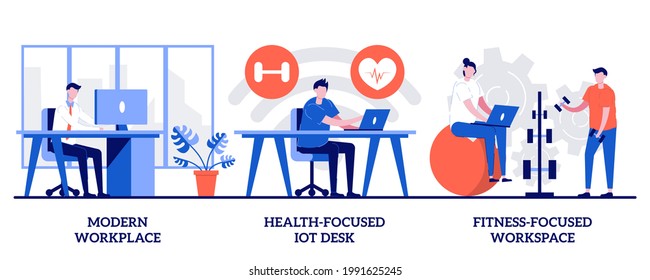 Modern workplace, health-focused IOT desks, fitness-focused lifestyle concept with tiny people. Modern office vector illustration set. Employee happiness and well-being, activity tracking metaphor.