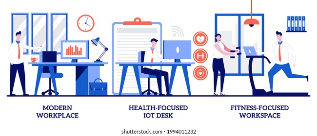 Modern workplace, health-focused IOT desks, fitness-focused lifestyle concept with tiny people. Modern office vector illustration set. Employee happiness and well-being, activity tracking metaphor.