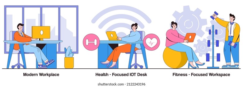 Modern workplace, health-focused IOT desks, fitness-focused lifestyle concept with people character. Modern office vector illustration set. Employee happiness and well-being, activity tracking.