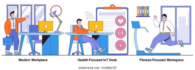 Modern workplace, health-focused IOT desks, fitness-focused lifestyle concepts with people characters. Modern office illustration pack. Employee happiness and well-being, activity tracking metaphor.