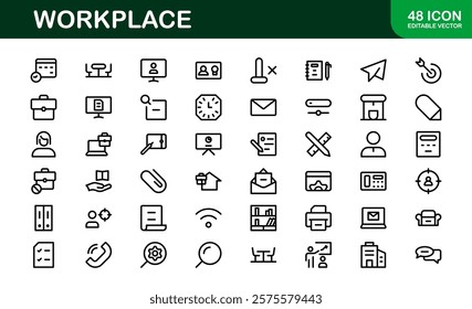 Modern Workplace Icon Set. Professional Icons for Office, Collaboration, Productivity, and Business Tools in Minimalist and Outline Styles.