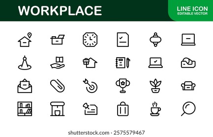 Modern Workplace Icon Set. Professional Icons for Office, Collaboration, Productivity, and Business Tools in Minimalist and Outline Styles.