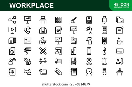Modern Workplace Icon Set. Professional Icons for Office, Collaboration, Productivity, and Business Tools in Minimalist and Outline Styles.