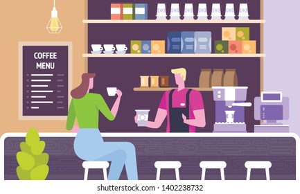 Modern workplace interior. Cafe in loft style. People in creative office co-working center. University campus. Restaurant flat vector illustration.