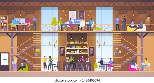 Modern workplace interior. Cafe in loft style. People in creative office co-working center. University campus. Restaurant flat vector illustration.