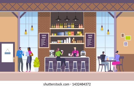 Modern workplace interior. Cafe in loft style. People in creative office co-working center. University campus. Restaurant flat vector illustration.