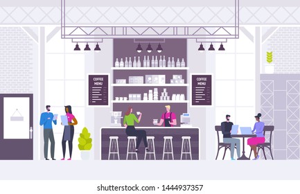 Modern workplace interior. Cafe in loft style. People in creative office co-working center. University campus. Restaurant flat vector illustration.