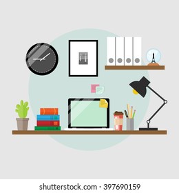 Modern workplace interior concept. Office desk with laptop. Clock and artwork on a wall. Flat style vector illustration.