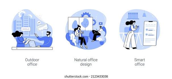 Modern workplace isolated cartoon vector illustrations set. Diverse colleagues working in outdoor office, natural office design and eco materials, smart workplace technology vector cartoon.