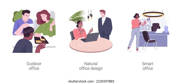 Modernas ilustraciones de vectores de dibujos animados aislados en el lugar de trabajo. Diversos colegas que trabajan en oficinas exteriores, diseño de oficinas naturales y materiales ecológicos, caricatura vectorial de tecnología en el lugar de trabajo inteligente.