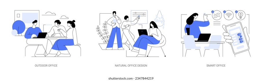 Modern workplace isolated cartoon vector illustrations set. Diverse colleagues working in outdoor office, natural office design and eco materials, smart workplace technology vector cartoon.