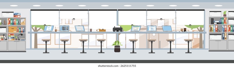Modern workplace with laptop, Office desk for working, Interior of business company work floor with outside street view.