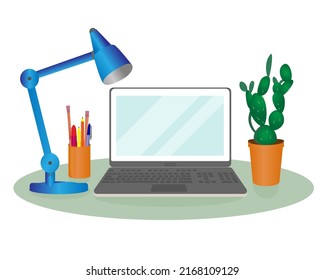 Modern workplace. Laptop on the table. Working place concept. Vector illustration.  Remote work computer isolated on a white background. Office vector illustration working from home
