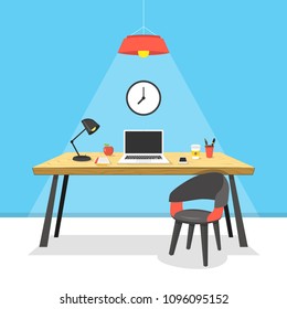 Modern workplace. Laptop on wooden the table. Working place concept. Vector illustration.